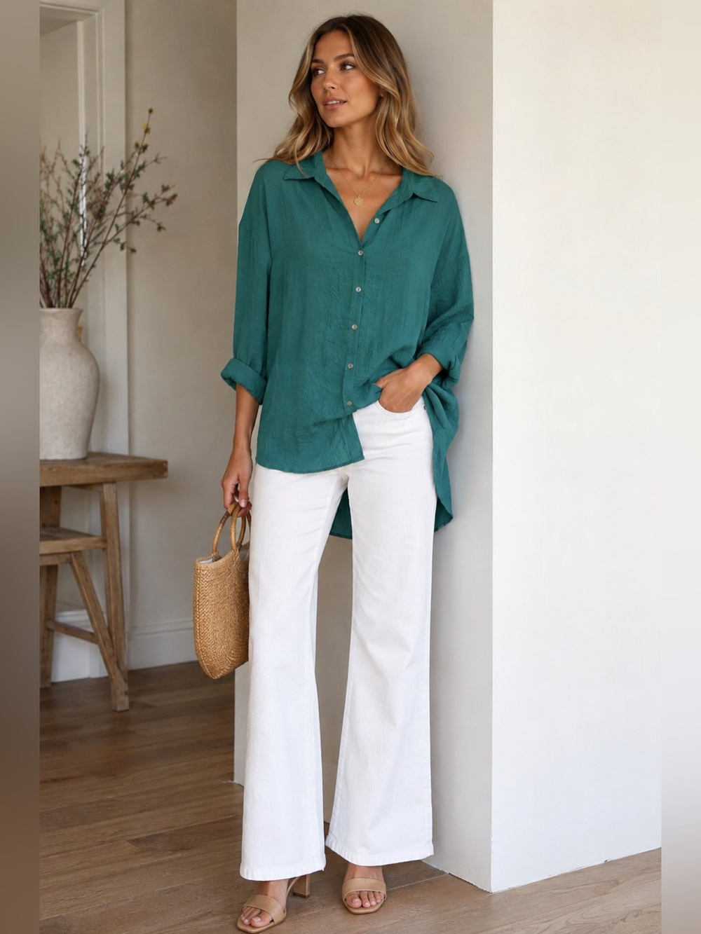 Teal Button-Front Lightweight Blouse